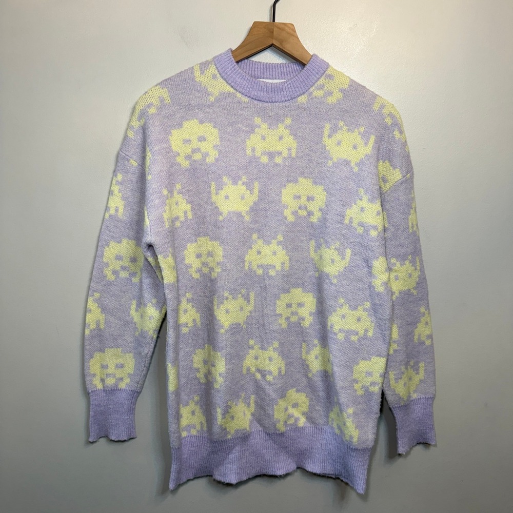 Zara Space Invaders Taito Lavender Purple Yellow Pixel Art Sweater Women's Small